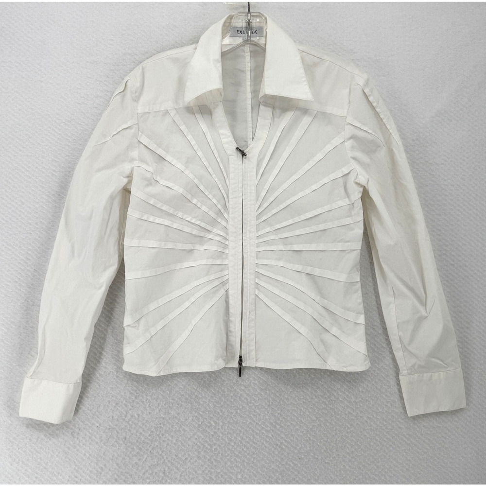 Exetera Womens White Cotton Collared Long Sleeve Full Zip Poplin Top Sz 4